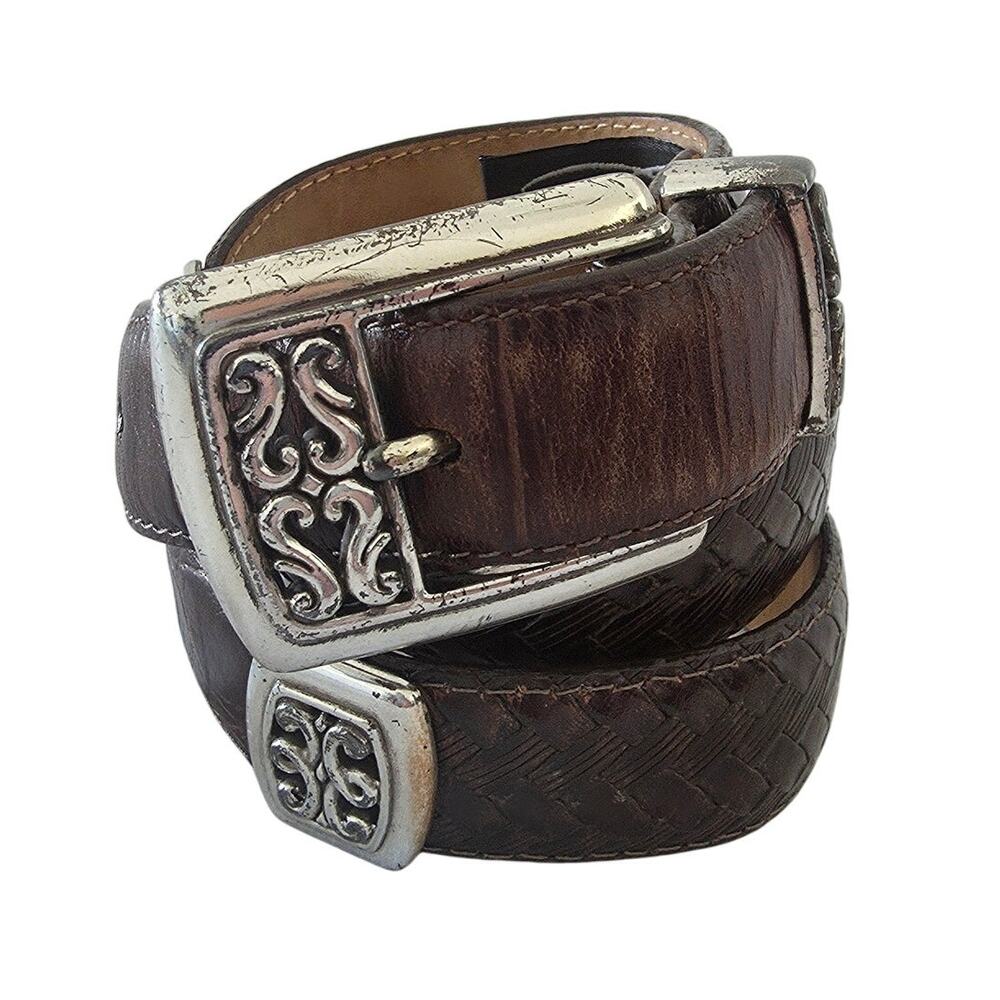 Vintage Brighton Brown Leather Belt Silver Tone Hardware Womens Sz M